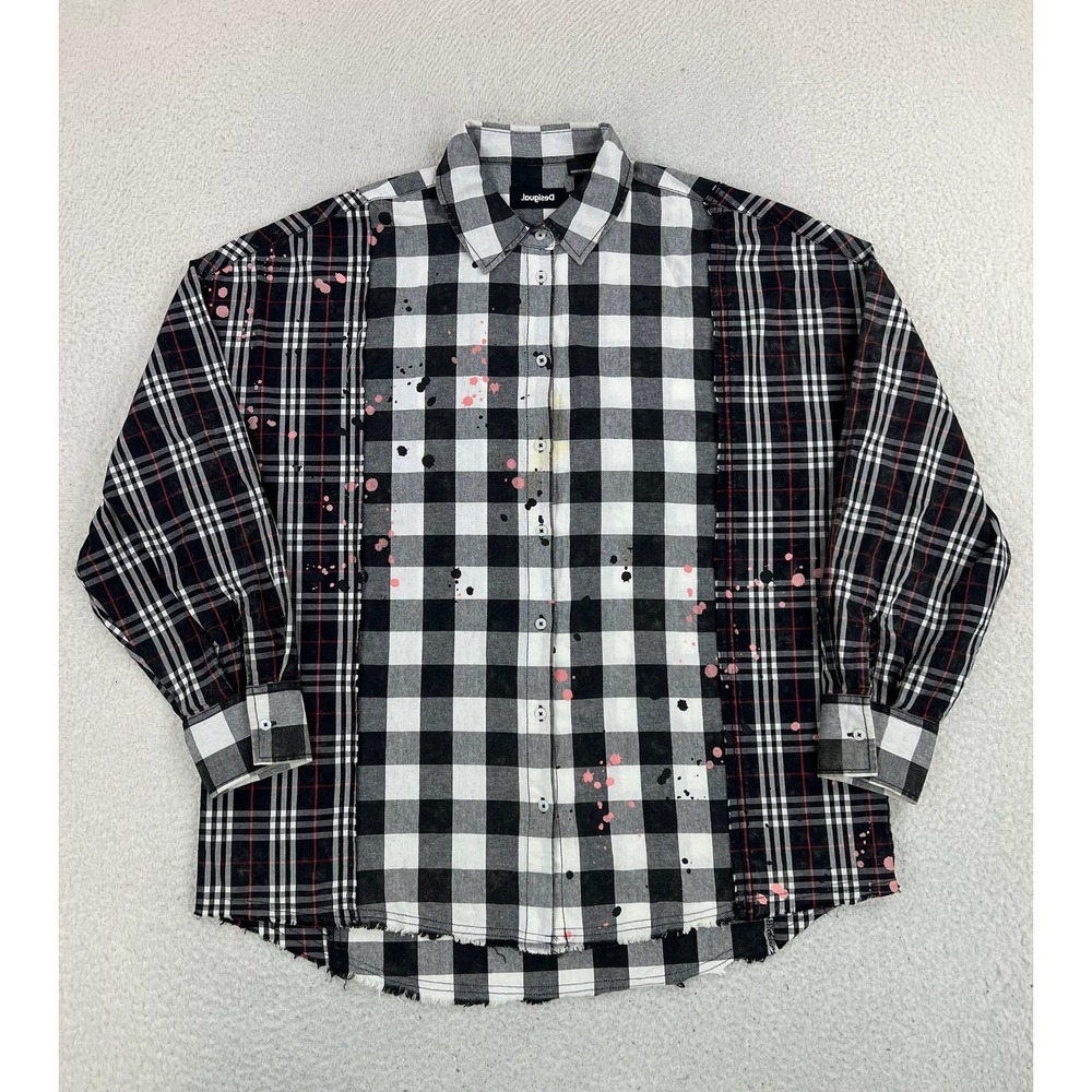 Desigual Shirt Mens Medium Black Plaid Paint Splatter Long Sleeve Button Up